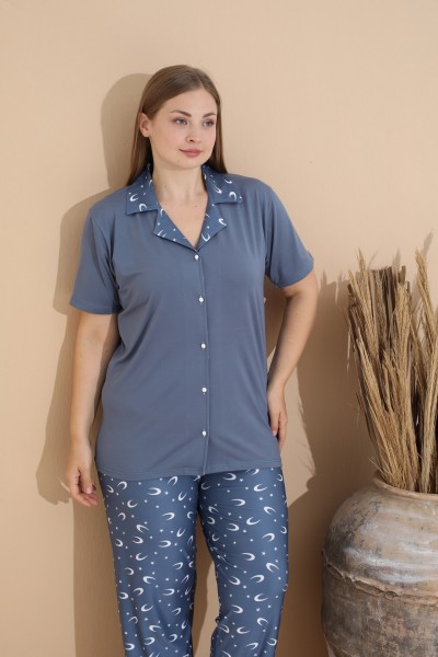 Kadın Battal Milan Kumaş Kısa Kol Gömlek Yaka Büyük Beden Pijama Takımı İNDİGO-XL