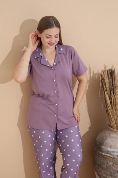 Kadın Battal Milan Kumaş Kısa Kol Gömlek Yaka Büyük Beden Pijama Takımı LİLA-XL