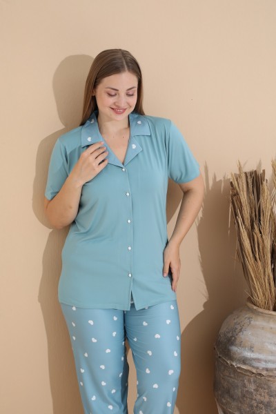 Kadın Battal Milan Kumaş Kısa Kol Gömlek Yaka Büyük Beden Pijama Takımı TURKUAZ-XL