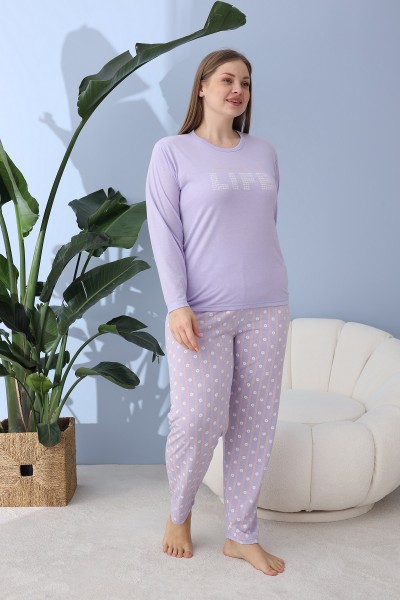 Kadın Battal Milan Kumaş Pijama Takımı Büyük Beden Uzun Kol LİLA-2XL