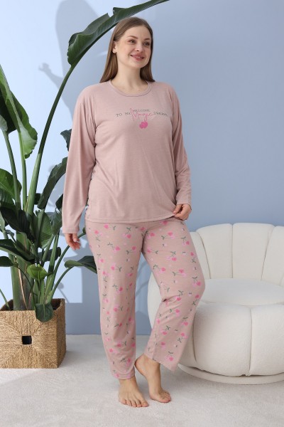 Kadın Battal Milan Kumaş Pijama Takımı Büyük Beden Uzun Kol SOMON-5XL