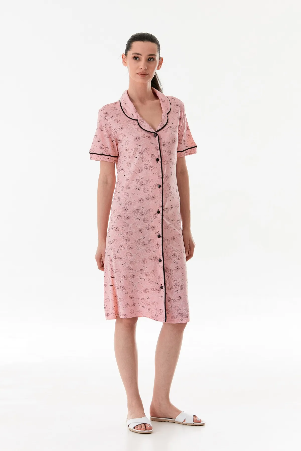 Kadın Boydan Düğmeli Viskon Kumaş Gecelik Elbise ( Uyku bandı Hediyeli ) PUDRA-L