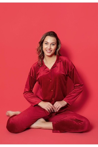 Kadın Kadife Önden Düğmeli Pijama Takımı YENİ SEZON