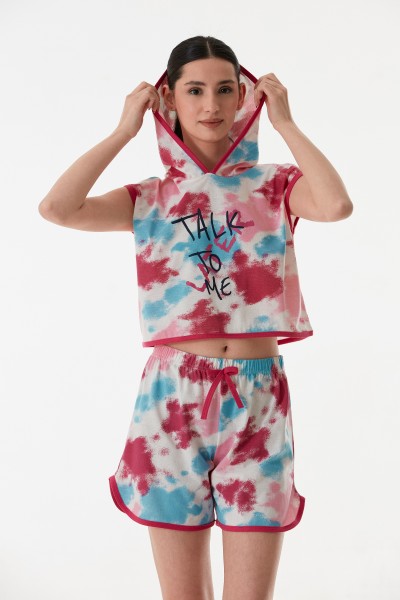 Kadın Kapşonlu Şortlu Yazlık Baskılı Penye Pijama Takımı FUŞYA-2XL