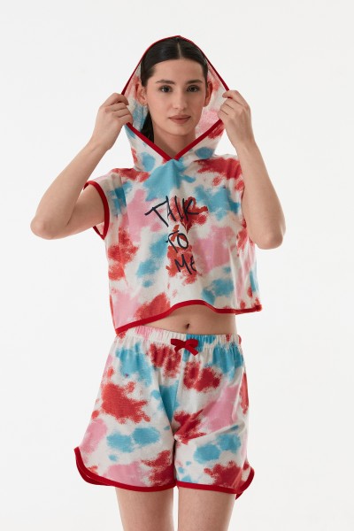 Kadın Kapşonlu Şortlu Yazlık Baskılı Penye Pijama Takımı KIRMIZI-L