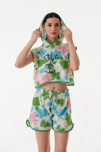 Kadın Kapşonlu Şortlu Yazlık Baskılı Penye Pijama Takımı Yeşil-2XL