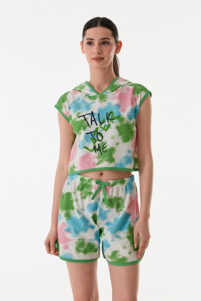 Kadın Kapşonlu Şortlu Yazlık Baskılı Penye Pijama Takımı Yeşil-L