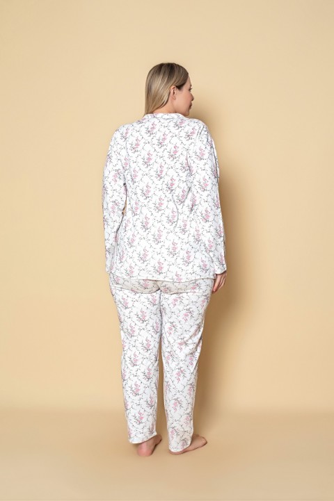 Kadın Önden Düğmeli Battal 2 İplik İçi Şardonlu Pijama Takımı PEMBE-ÇİÇEKLİ-2XL