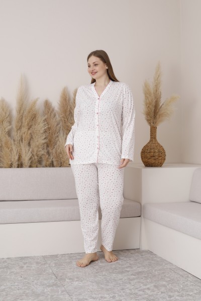 Kadın Önden Düğmeli Battal Mevsimlik Pijama Takımı Büyük Beden PEMBE-5XL