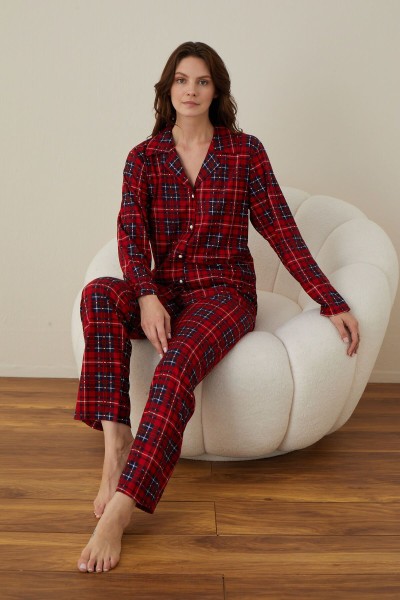 Kadın Önden Düğmeli Gömlek Yaka Leopar Suet Kumaş Pijama Takımı