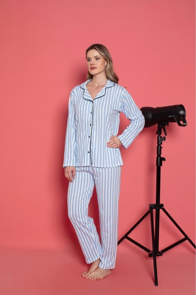 Kadın Önden Düğmeli Kollu Yazlık Gömlek Model Pijama Takımı Yeni Sezon