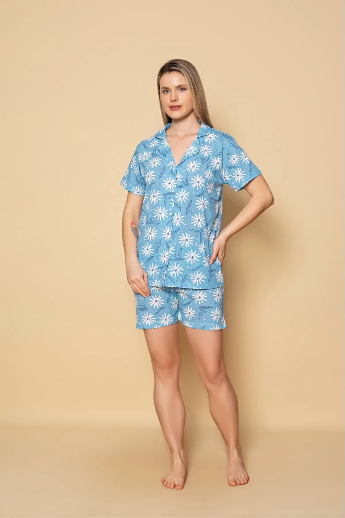 Kadın Önden Düğmeli Şortlu Yazlık Pijama Takımı MAVİ-M