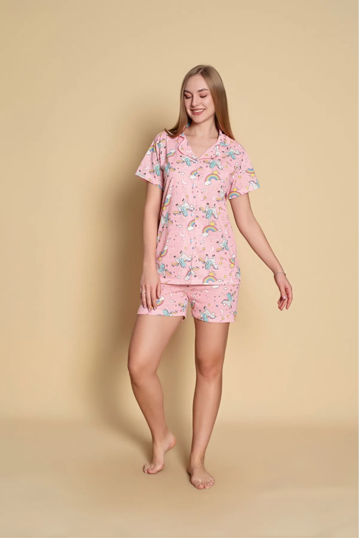 Kadın Önden Düğmeli Şortlu Yazlık Pijama Takımı PEMBE-M