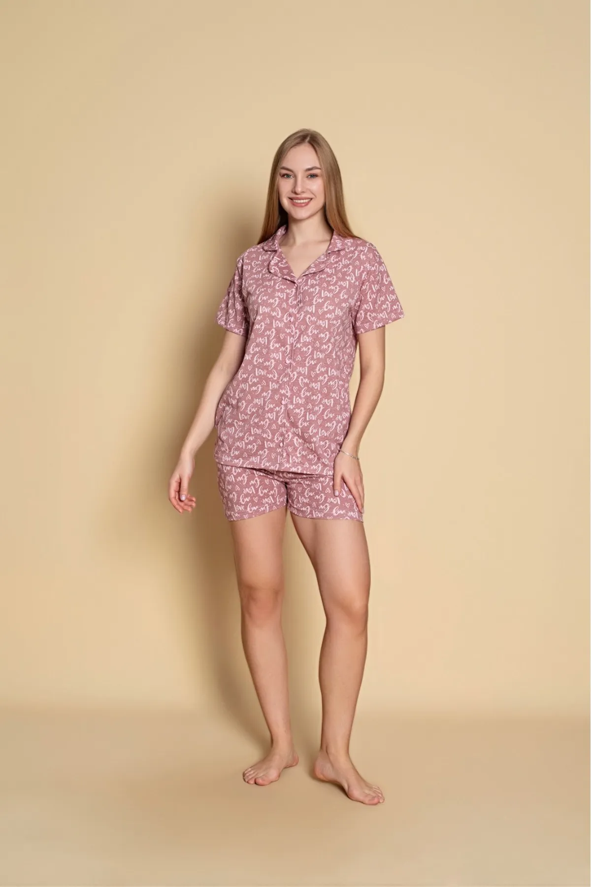 Kadın Önden Düğmeli Şortlu Yazlık Pijama Takımı PUDRA-M