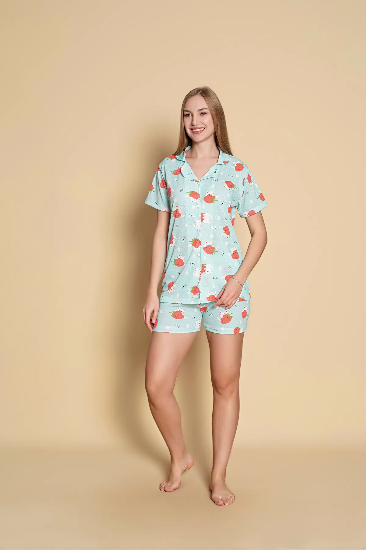 Kadın Önden Düğmeli Şortlu Yazlık Pijama Takımı TURKUAZ-L