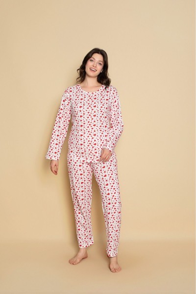 Kadın Penye Sıfır Yaka Bej Renk Uzun Kollu Pijama Takımı BEYAZ PUANLI-M