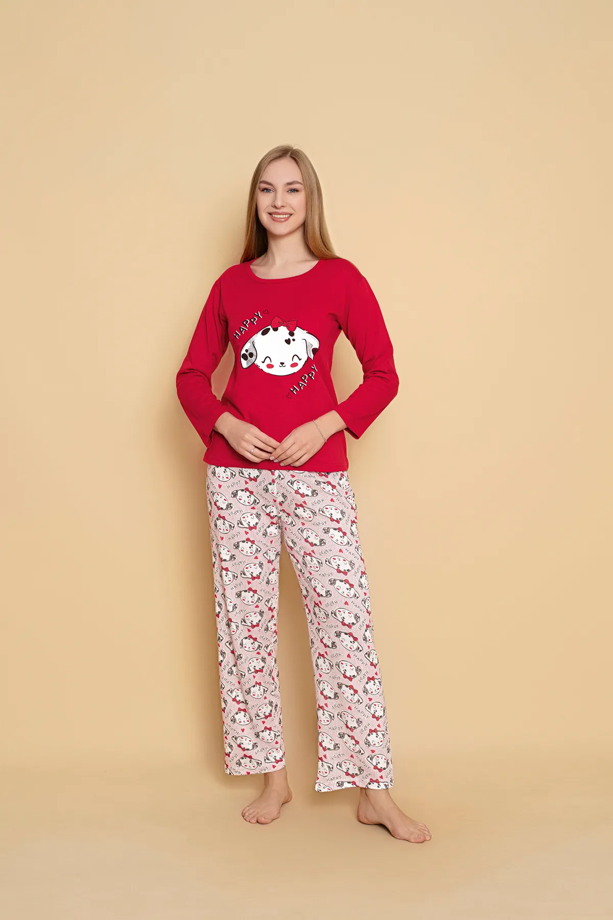 Kadın Penye Sıfır Yaka Uzun Kol Pijama Takımı KIRMIZI-XL