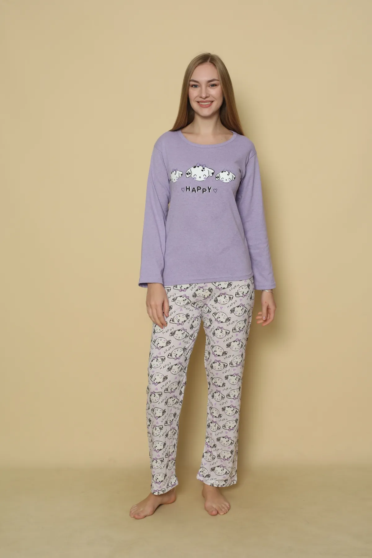 Kadın Penye Sıfır Yaka Uzun Kol Pijama Takımı LİLA-XL