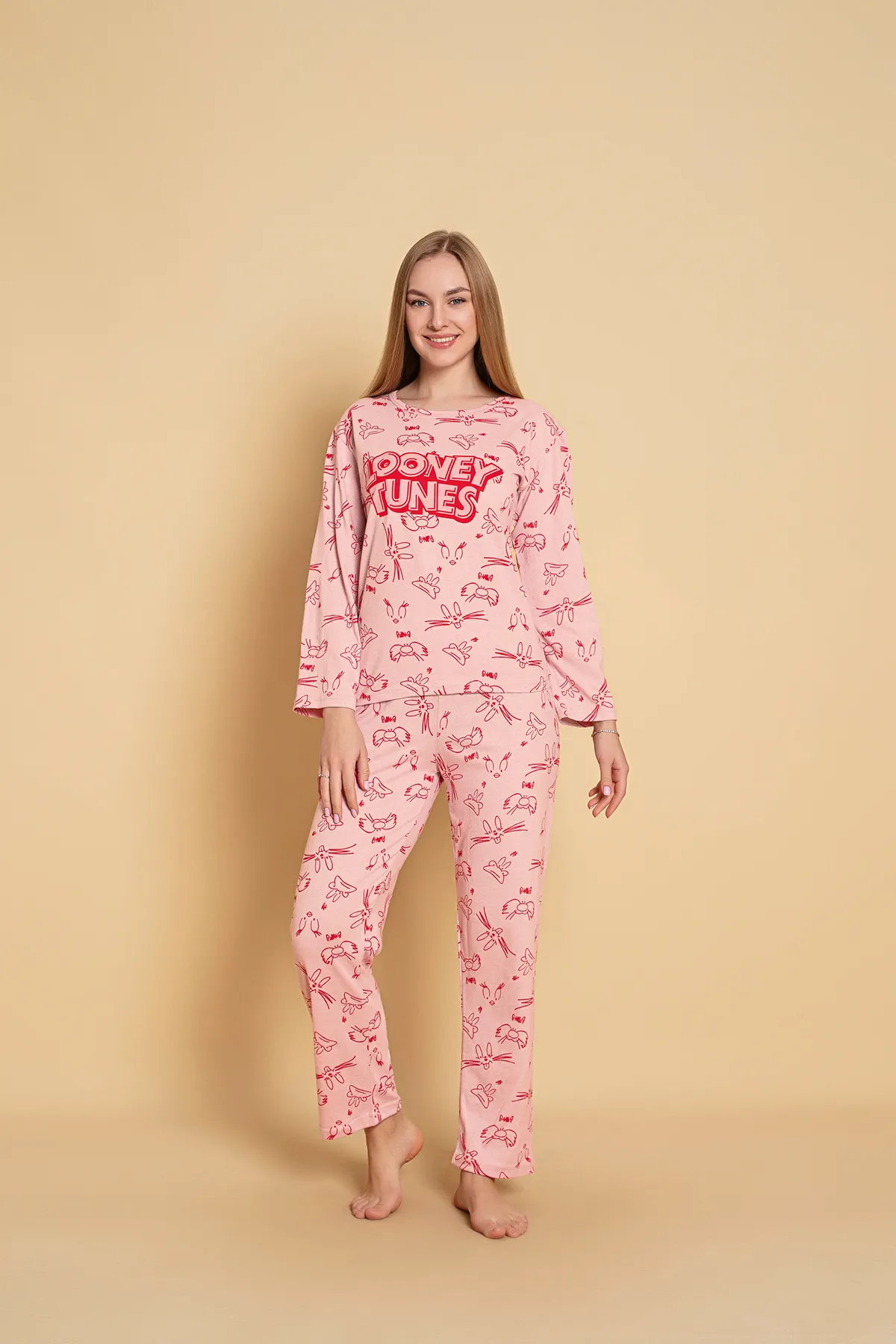 Kadın Penye Sıfır Yaka Uzun Kol Pijama Takımı PEMBE-L