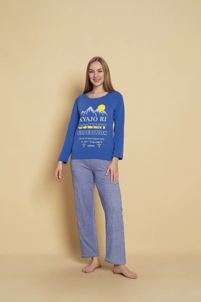 Kadın Penye Sıfır Yaka Uzun Kol Pijama Takımı SAKS MAVİSİ-M