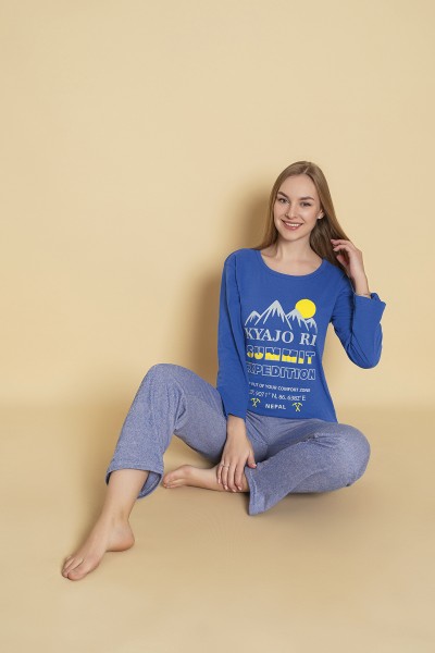 Kadın Penye Sıfır Yaka Uzun Kol Pijama Takımı SAKS MAVİSİ-XL