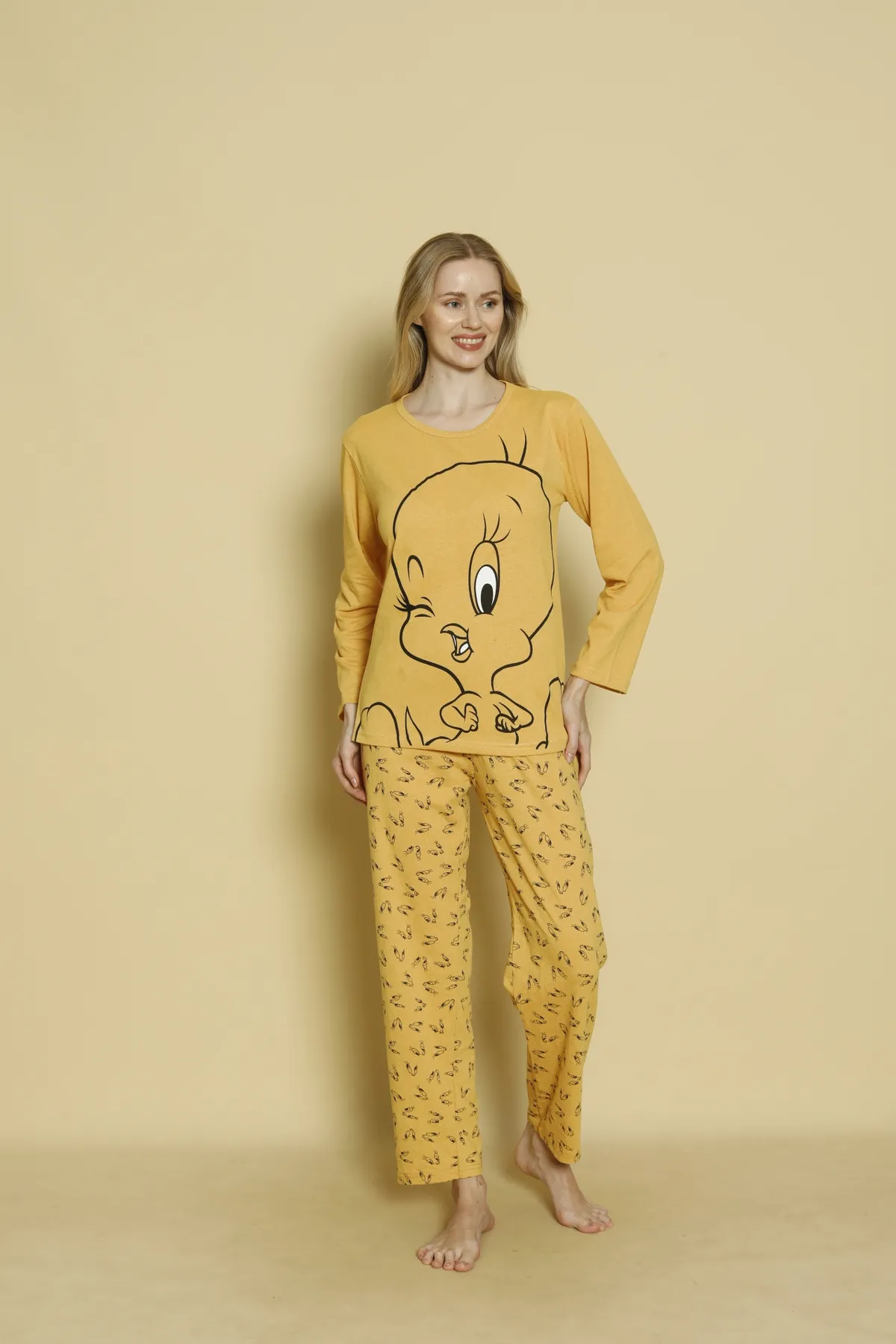 Kadın Penye Sıfır Yaka Uzun Kol Pijama Takımı SARI-2XL