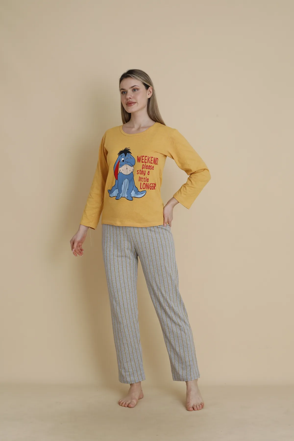 Kadın Penye Sıfır Yaka Uzun Kol Pijama Takımı SARI-M