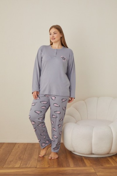 Kadın Raporlu İnterlok Kumaş Büyük Beden Düğmeli Pijama Takımı GRİ-2XL