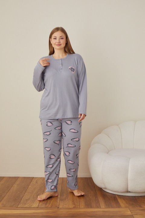 Kadın Raporlu İnterlok Kumaş Büyük Beden Düğmeli Pijama Takımı GRİ-2XL