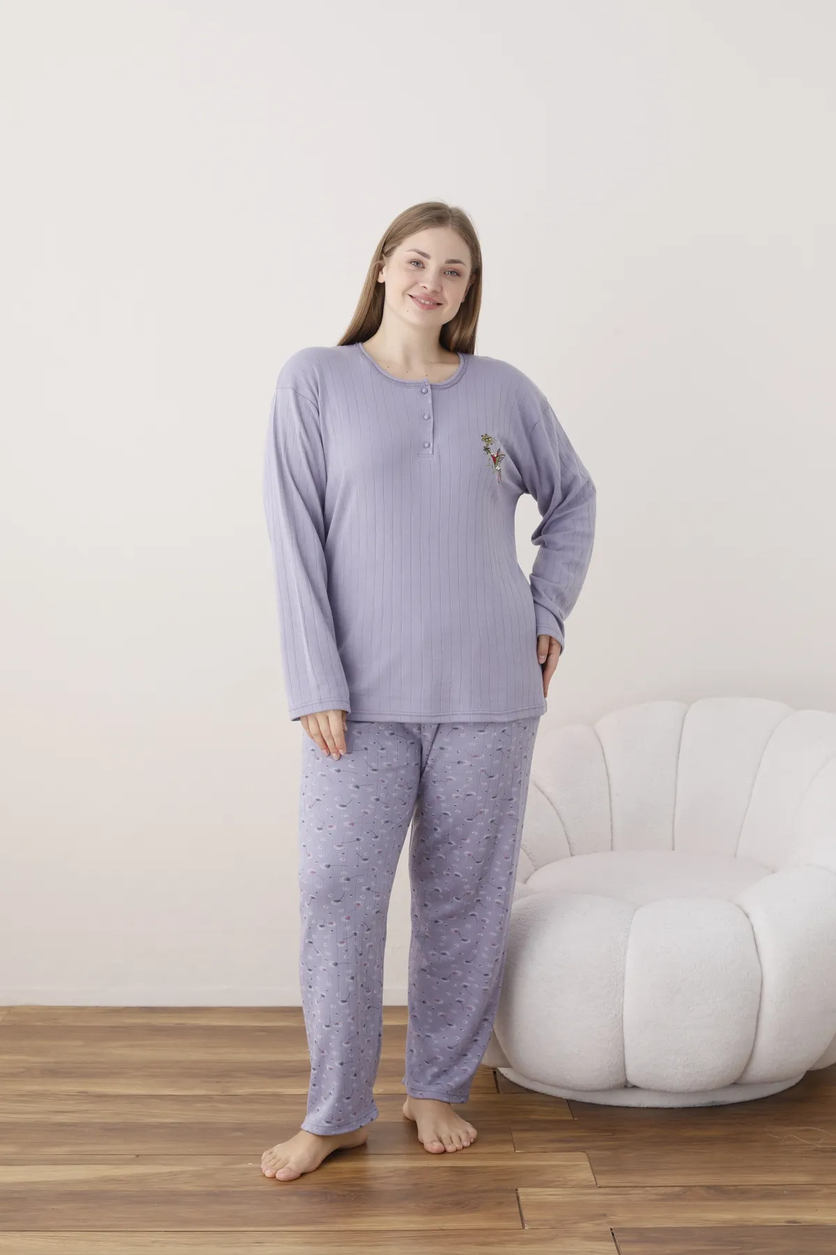 Kadın Raporlu İnterlok Kumaş Büyük Beden Düğmeli Pijama Takımı LİLA-2XL