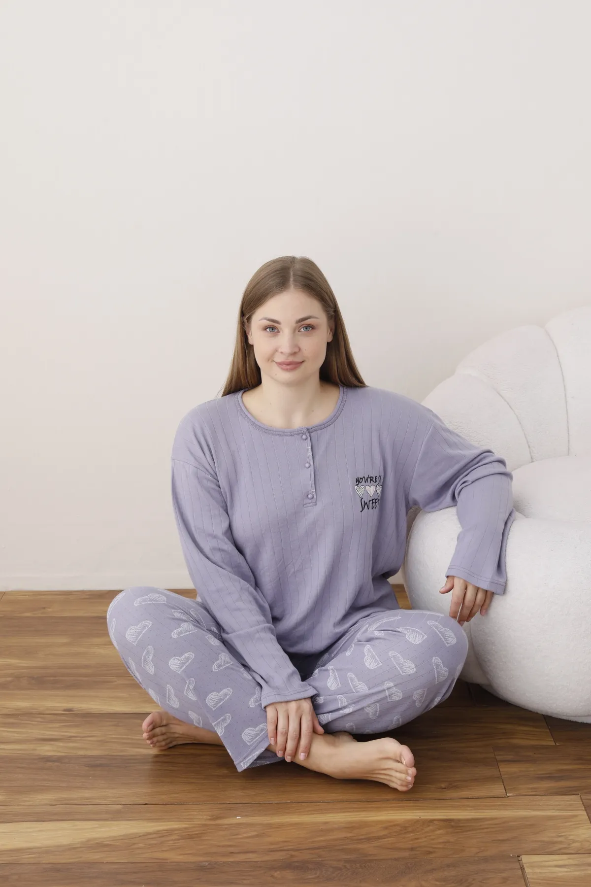 Kadın Raporlu İnterlok Kumaş Büyük Beden Düğmeli Pijama Takımı LİLA-2XL