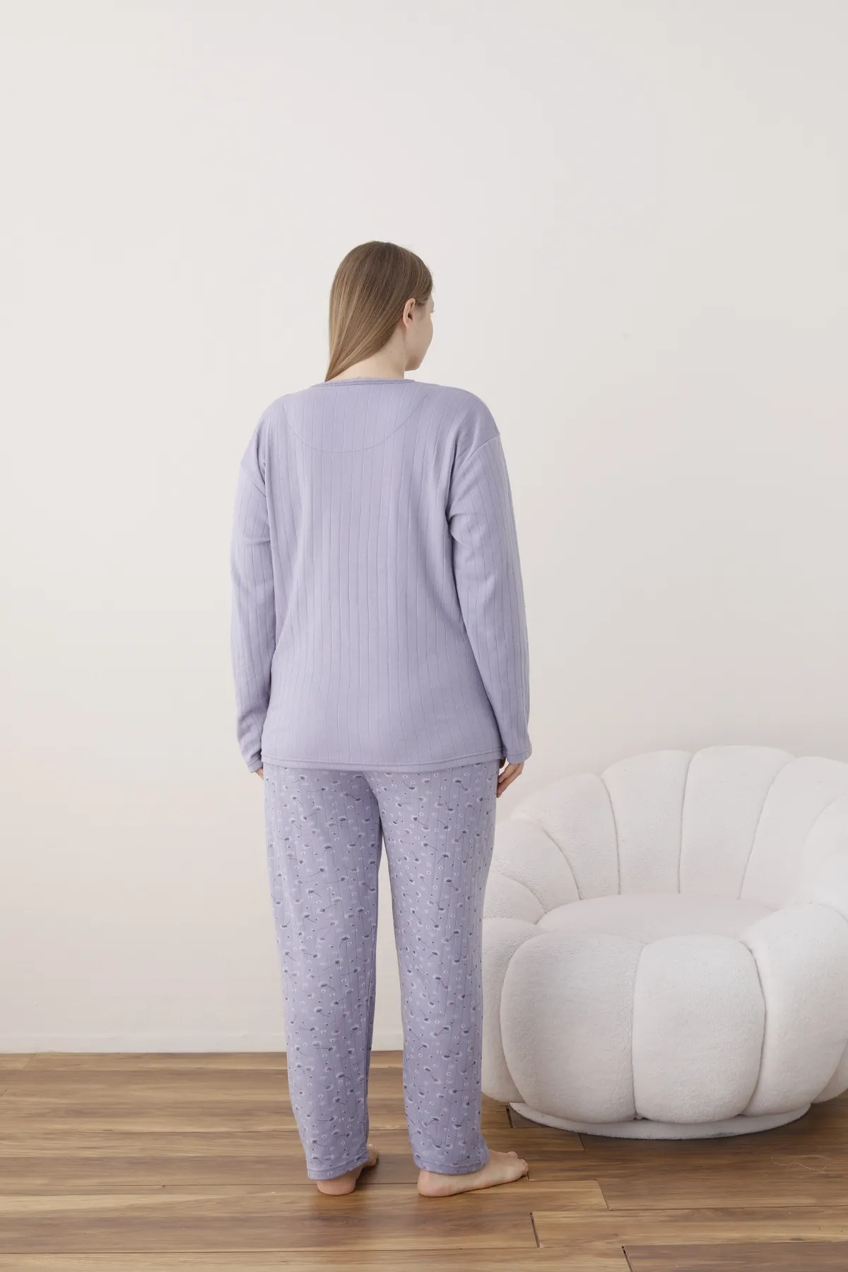 Kadın Raporlu İnterlok Kumaş Büyük Beden Düğmeli Pijama Takımı LİLA-2XL