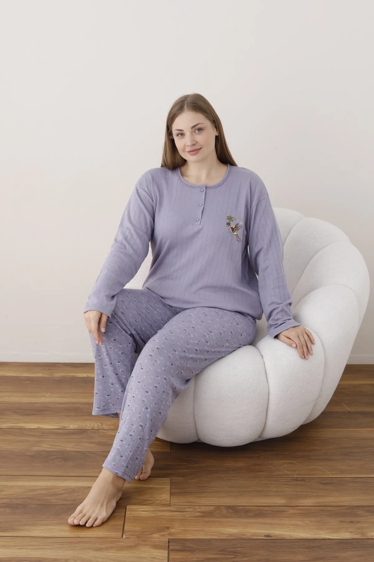 Kadın Raporlu İnterlok Kumaş Büyük Beden Düğmeli Pijama Takımı LİLA-2XL