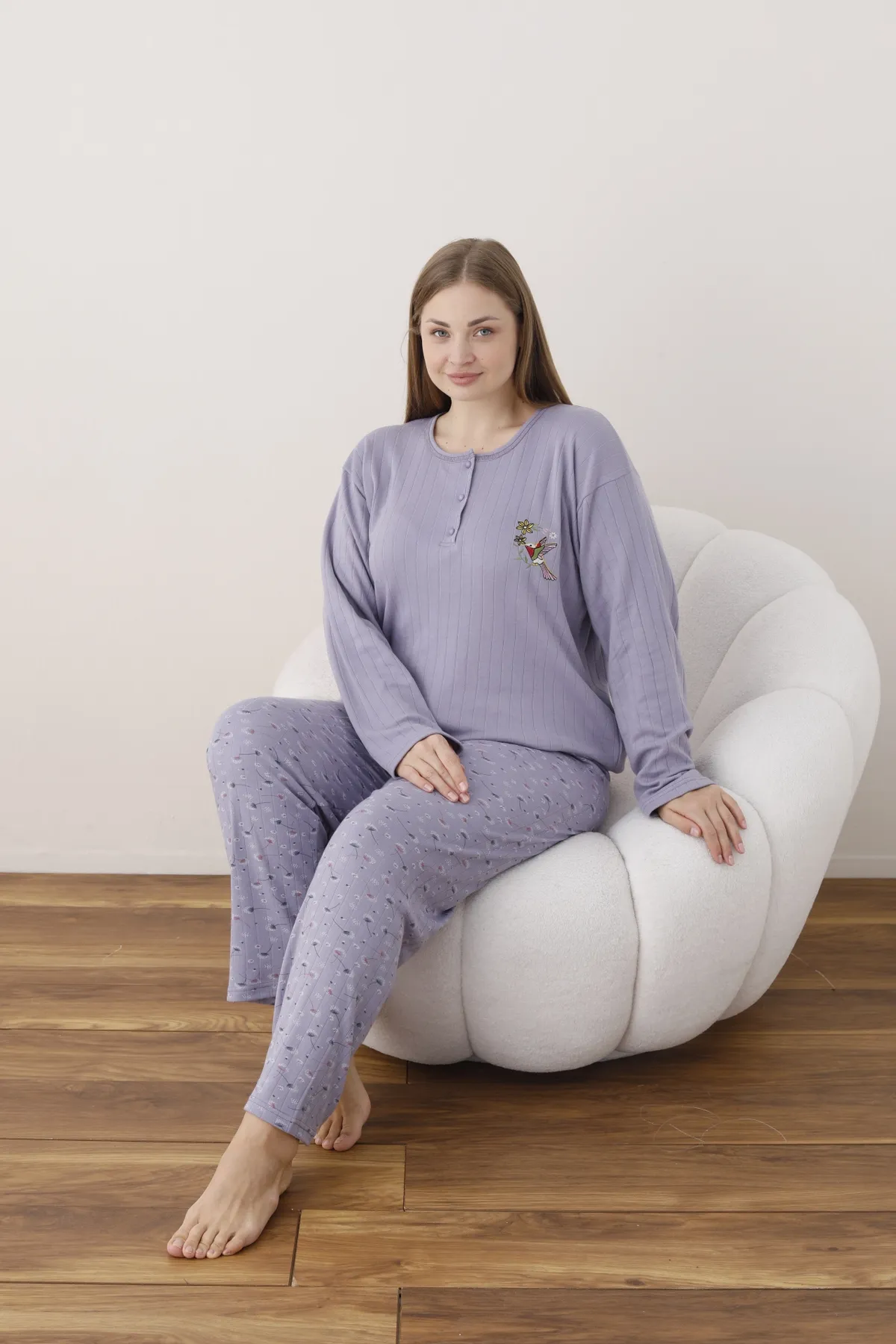 Kadın Raporlu İnterlok Kumaş Büyük Beden Düğmeli Pijama Takımı LİLA-2XL
