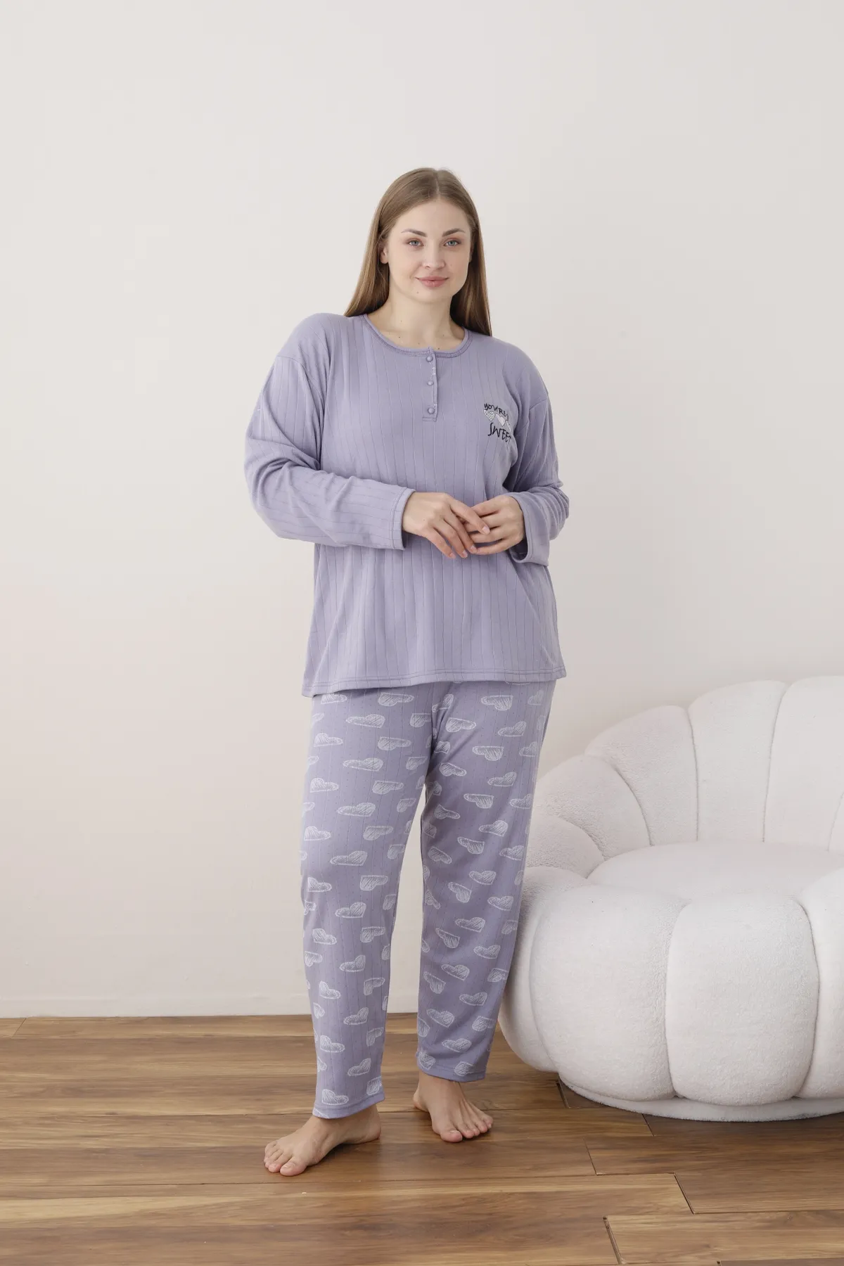 Kadın Raporlu İnterlok Kumaş Büyük Beden Düğmeli Pijama Takımı LİLA-2XL