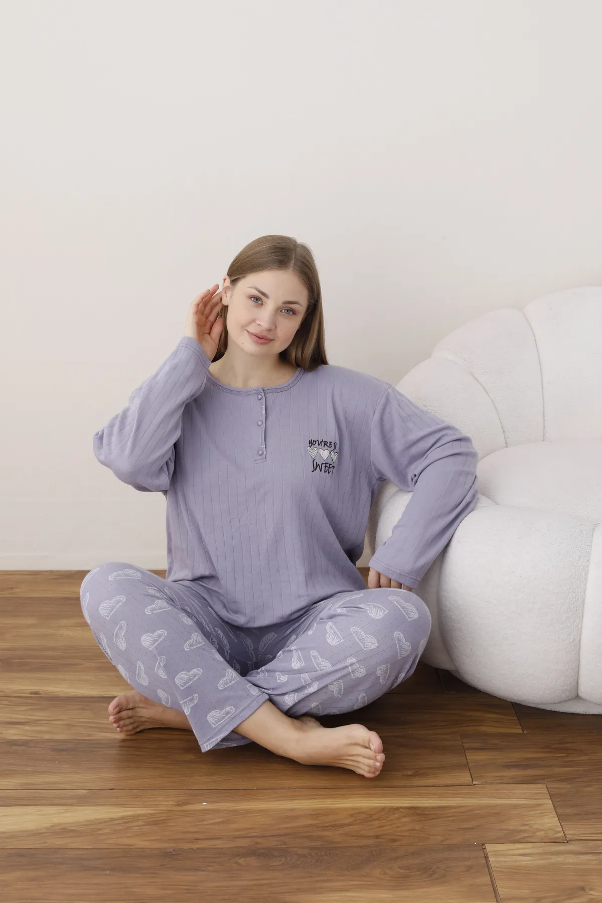 Kadın Raporlu İnterlok Kumaş Büyük Beden Düğmeli Pijama Takımı LİLA-4XL