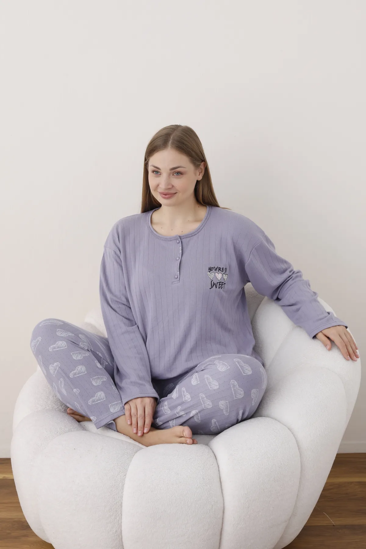 Kadın Raporlu İnterlok Kumaş Büyük Beden Düğmeli Pijama Takımı LİLA-4XL