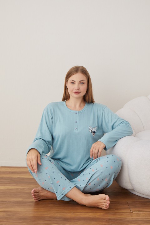 Kadın Raporlu İnterlok Kumaş Büyük Beden Düğmeli Pijama Takımı MAVİ-2XL