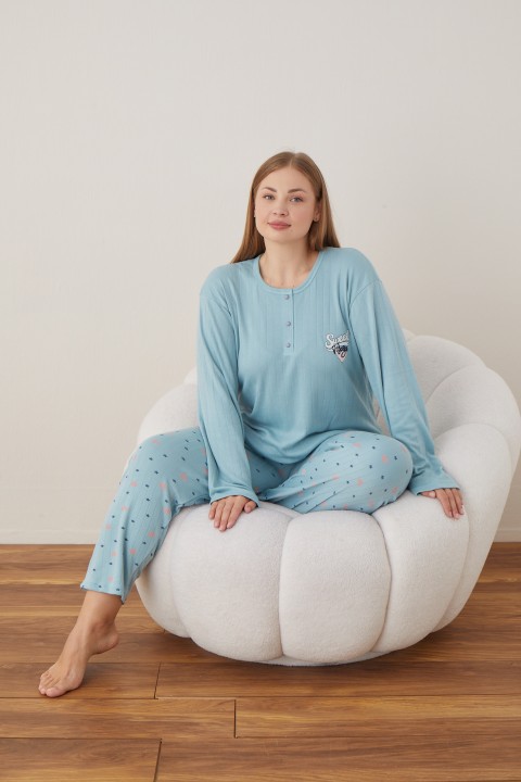 Kadın Raporlu İnterlok Kumaş Büyük Beden Düğmeli Pijama Takımı MAVİ-4XL