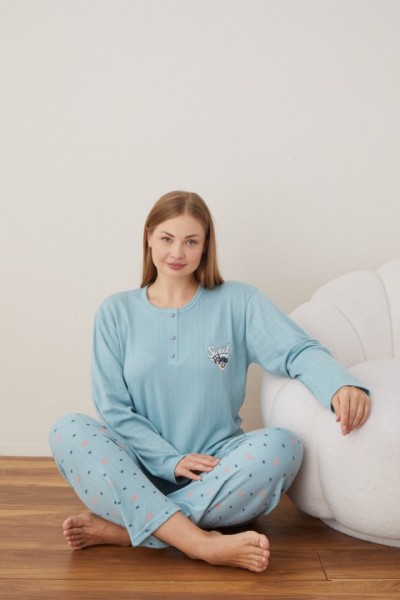 Kadın Raporlu İnterlok Kumaş Büyük Beden Düğmeli Pijama Takımı MAVİ-2XL