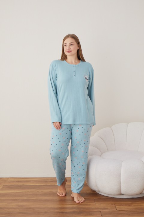 Kadın Raporlu İnterlok Kumaş Büyük Beden Düğmeli Pijama Takımı MAVİ-5XL