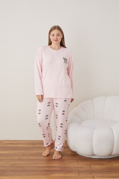 Kadın Raporlu İnterlok Kumaş Büyük Beden Düğmeli Pijama Takımı PEMBE-2XL