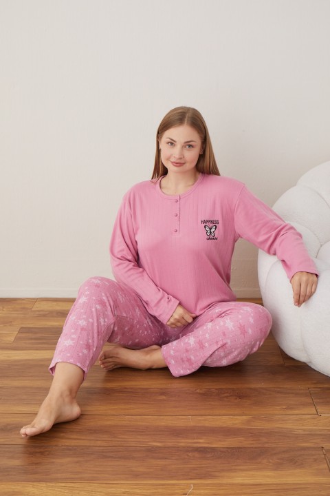 Kadın Raporlu İnterlok Kumaş Büyük Beden Düğmeli Pijama Takımı PEMBE-2XL
