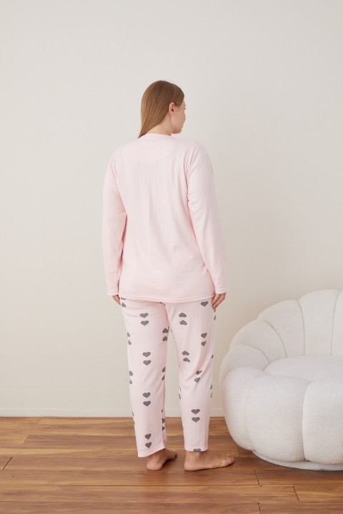 Kadın Raporlu İnterlok Kumaş Büyük Beden Düğmeli Pijama Takımı PEMBE-2XL