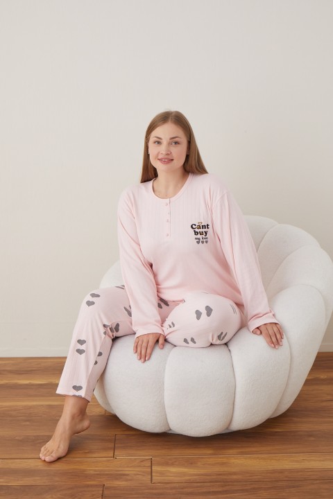 Kadın Raporlu İnterlok Kumaş Büyük Beden Düğmeli Pijama Takımı PEMBE-3XL