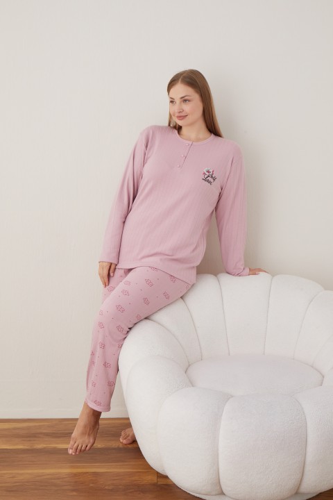 Kadın Raporlu İnterlok Kumaş Büyük Beden Düğmeli Pijama Takımı SOMON-2XL