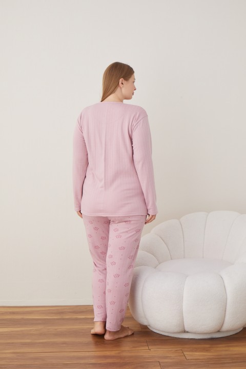 Kadın Raporlu İnterlok Kumaş Büyük Beden Düğmeli Pijama Takımı SOMON-2XL