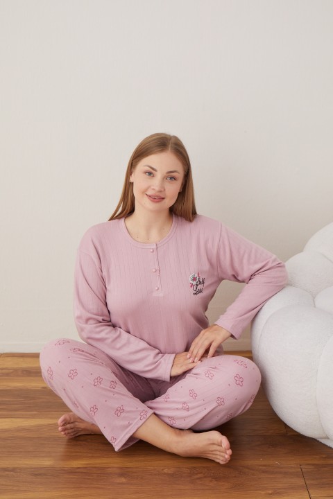 Kadın Raporlu İnterlok Kumaş Büyük Beden Düğmeli Pijama Takımı SOMON-2XL