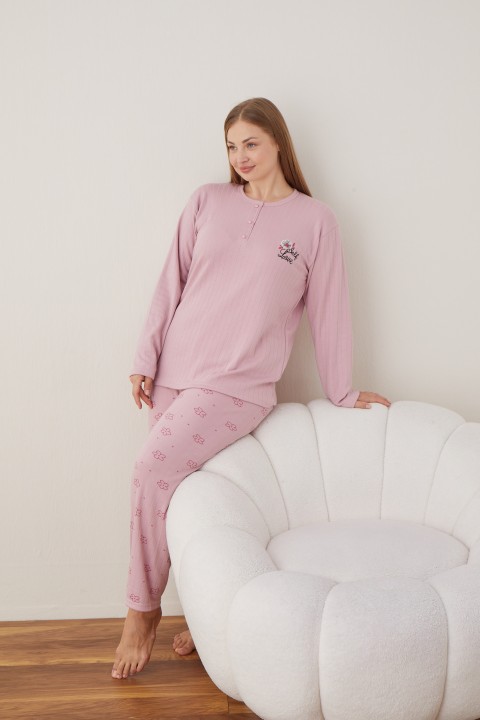 Kadın Raporlu İnterlok Kumaş Büyük Beden Düğmeli Pijama Takımı SOMON-2XL