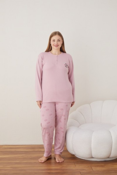 Kadın Raporlu İnterlok Kumaş Büyük Beden Düğmeli Pijama Takımı SOMON-2XL